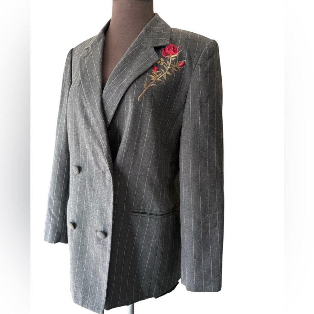 Vtg Pinstripe Blazer Embroidered Rose Double Breasted Romantic Dark Academia 10